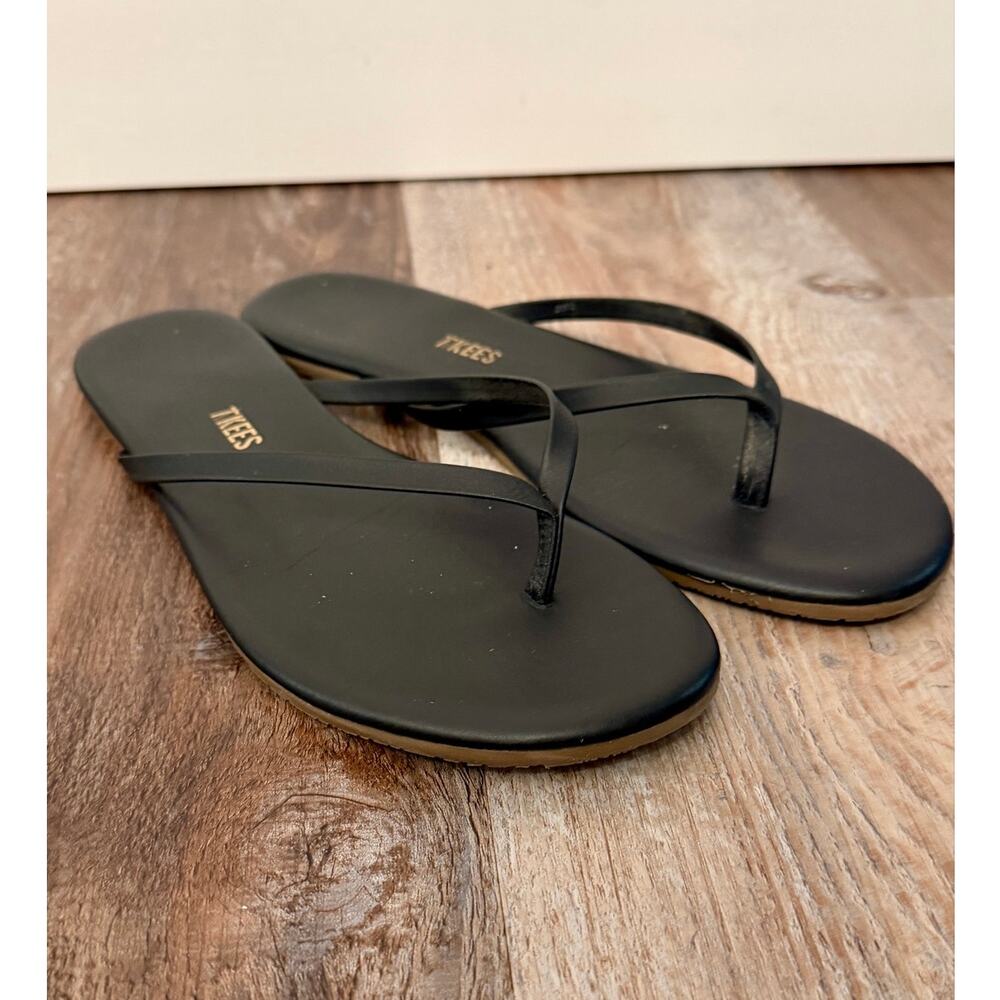 TKEES 'Lily' Flip Flops black leather design cushion footbed size 9 womens EUC